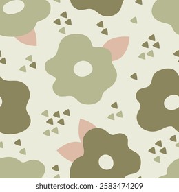 Seamless pattern cartoon of green flowers and simple flower shapes. Blossom beautiful hand drawn style. Pattern design for children fabric, wrapping paper, wallpaper and fashion prints.