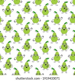 Nahtloses Muster mit Cartoon-grünen Birnen in verschiedenen Posen mit lustigem Gesicht. Kreativer Druck für Bekleidung, Dekoration, Verpackung, Packpapier usw. Farbige Vektorgrafik.