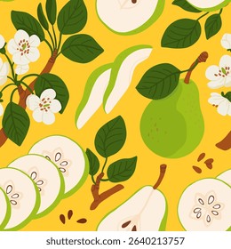 Seamless pattern with cartoon green pears in modern flat style. Fruit background. Vector printing for fabric and wallpaper. Cute fruits on a yellow background