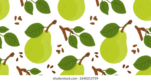 Seamless pattern with cartoon green pears in modern flat style. Fruit background. Vector printing for fabric and wallpaper. Cute fruits on a white background