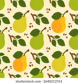 Seamless pattern with cartoon green pears in modern flat style. Fruit background. Vector printing for fabric and wallpaper. Cute fruits on a yellow background