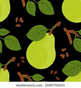 Seamless pattern with cartoon green pears in modern flat style. Fruit background. Vector printing for fabric and wallpaper. Cute fruits on a black background