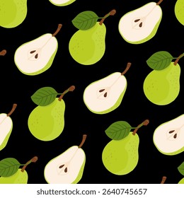 Seamless pattern with cartoon green pears in modern flat style. Fruit background. Vector printing for fabric and wallpaper. Cute fruits on a black background