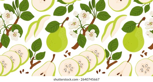 Seamless pattern with cartoon green pears in modern flat style. Fruit background. Vector printing for fabric and wallpaper. Cute fruits on a white background