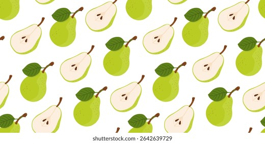 Seamless pattern with cartoon green pears in modern flat style. Fruit background. Vector printing for fabric and wallpaper. Cute fruits on a white background