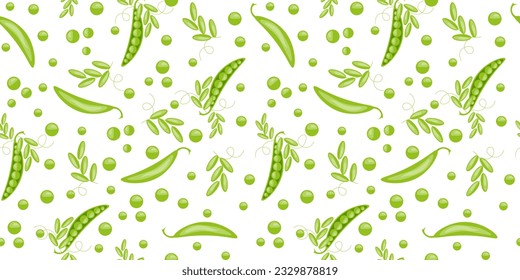Seamless pattern with Cartoon Green Peas in the Pod isolated on white background. Wallpaper and bed linen print with Spring vegetables. Vector illustration. Pea brush.