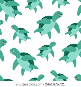 Seamless pattern of cartoon green sea turtle on a white background. Vector illustration for children's wallpaper, textiles, packaging.