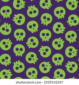 Seamless pattern of cartoon green skull head with purple background, suitable for designing textiles, clothes, fabric, fashion, wrapping paper and others