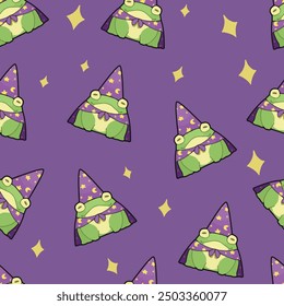 seamless pattern with cartoon green smile wizard frog with a purple magic, yellow star pattern hat and cloak on a purple background. Hand-draw in doodle style. vector graphic