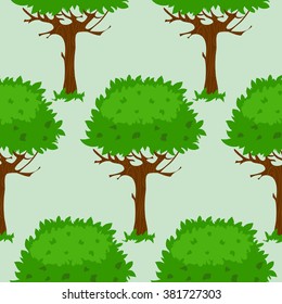 Seamless pattern with cartoon green trees in summer or spring, vector image