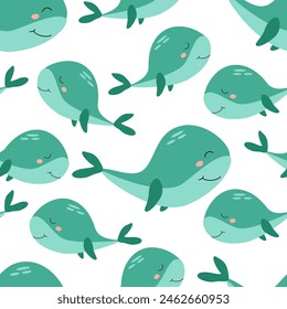 Seamless pattern of cartoon green whale on a white background. Vector illustration for children's wallpaper, textiles, packaging.