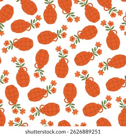 Seamless pattern with cartoon grenades blooming with flowers and leaves, symbolizing peace and protest.