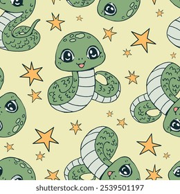 Seamless pattern cartoon of groovy green snake and star. It is a pattern related to snake cartoon but with a childlike cute. Pattern design for fabric and wrapping paper, wallpaper and fashion prints.