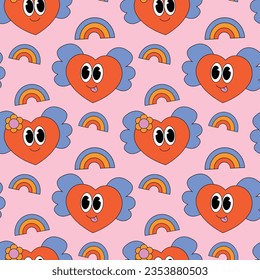 Seamless pattern with cartoon groovy Heart and rainbow