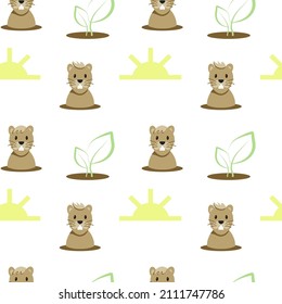 Seamless pattern of cartoon groundhog, sun and plant. Hand-drawn cartoon-style elements. Happy Groundhog Day. Cute cartoon groundhog, sun and flower on white background. Groundhog Mink. 