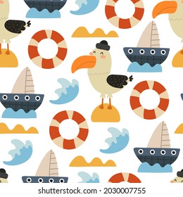 seamless pattern with cartoon gull, ship,  decor elements. colorful vector, flat style. design for fabric, textile, print, wrapper.