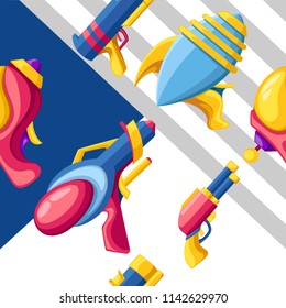 Seamless pattern. Cartoon gun collection. Flat vector colorful toys. Space laser guns design. Vector illustration on abstract background.