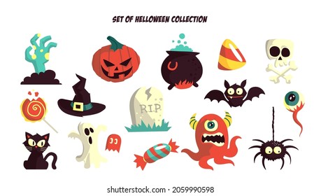 Seamless pattern with cartoon Halloween attributes. Colorful Helloween print with scary holiday items. Vector Spooky texture.
