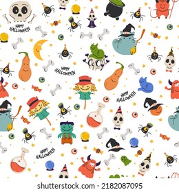 Seamless pattern with cartoon Halloween attributes. Colorful Helloween print with scary holiday items. Vector Spooky texture.