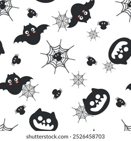 Patrón sin fisuras de dibujos animados de halloween gato, murciélago y araña lindo Fondo de pantalla de halloween para la impresión de la tela, papel de regalo