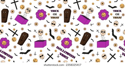 Seamless pattern with Cartoon Halloween coffin, flower, skull isolated on white background. Design of Halloween Wrapping paper with Trendy Groovy Retro symbol and element. Vector illustration.