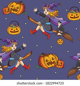 Seamless pattern with cartoon Halloween cute witch on broom and pumpkins on blue background. Vector illustration Halloween concept.For packaging paper, Wallpaper, decoration, textiles, design cushion.