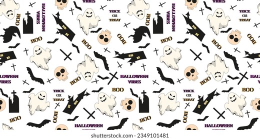Seamless pattern with Cartoon Halloween ghost, castle, skull isolated on white background. Design of Halloween Wrapping paper with Trendy Groovy Retro symbol and element. Vector illustration.