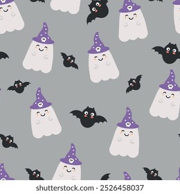 Seamless pattern cartoon halloween ghost and bat. cute halloween wallpaper for fabric print, gift wrap paper