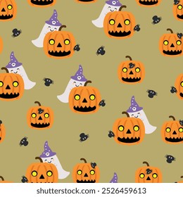 Seamless pattern cartoon halloween pumpkin and ghost. cute halloween wallpaper for fabric print, gift wrap paper