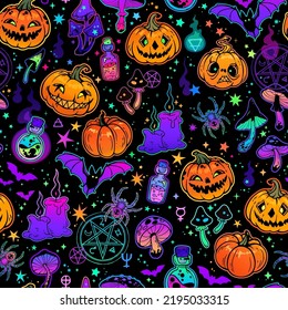 seamless pattern of cartoon halloween pumpkins and magical elements