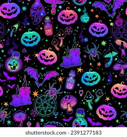 Seamless pattern of cartoon halloween pumpkins and magical elements