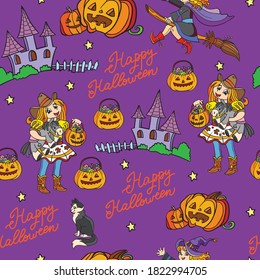 Seamless pattern with cartoon Halloween theme. Girl in costume of cowgirl, haunted house, cat and pumpkin. Vector illustration. For packaging paper, Wallpaper, decoration, textiles,design cushion.