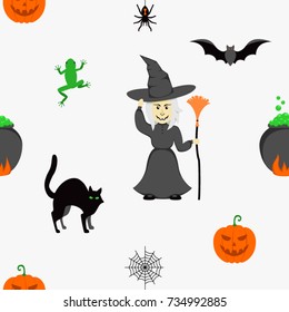 Seamless Pattern Cartoon Halloween Witch Elements 