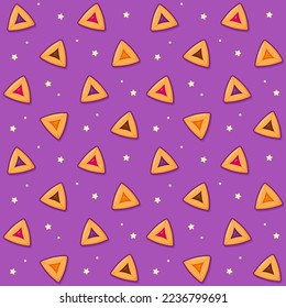 Seamless pattern of cartoon Hamantash with different fillings. Hamantashen are traditional pastry for Jewish holiday Purim. Vector backround illustration.