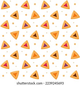 Seamless pattern of cartoon Hamantash with different fillings. Hamantashen are traditional pastry for Jewish holiday Purim. Vector backround illustration.