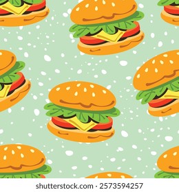 Seamless pattern cartoon of hamburger funny. Kawaii fast food. Pattern design for children fabric, wrapping paper, wallpaper and fashion prints.