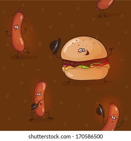 Seamless pattern with cartoon hamburger and sausages