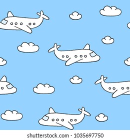 Seamless pattern with cartoon hand drawn airplanes and clouds on the blue background.