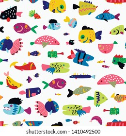 Seamless pattern with cartoon hand drawn funny fish animals. Fauna nature vector illustrations  set.