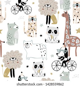 Seamless pattern with cartoon hand drawn bear,giraffe, dog,leopard, lion, panda. Creative childish pastel texture. Great for fabric, textile Vector Illustration