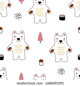 Seamless pattern with cartoon hand drawn bear. Background abstract doodle illustration for kids and children. Vector baby digital paper