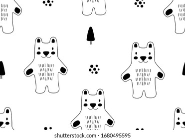 Seamless pattern with cartoon hand drawn bear. Background abstract doodle illustration for kids and children. Vector baby digital paper
