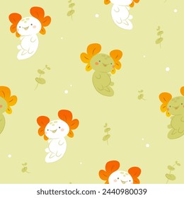 Seamless pattern with cartoon hand drawn axolotl. Vector illustration