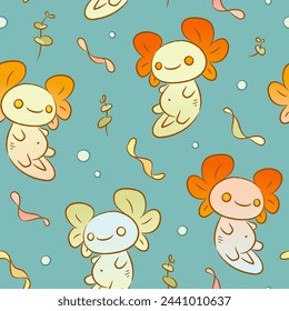 Seamless pattern with cartoon hand drawn axolotl and seaweed on green background. Vector illustration