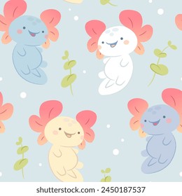 Seamless pattern with cartoon hand drawn axolotl. Vector illustration