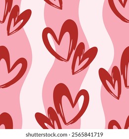 Seamless pattern cartoon of hand drawn red heart and pink wave. The sweetness of Valentine's Day pattern theme. Pattern design for children fabric, wrapping paper, wallpaper and fashion prints.