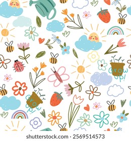 Seamless pattern with cartoon hand drawn kids illustration, flowers, animals, clouds, sun and rainbows. Vector illustration for kids.