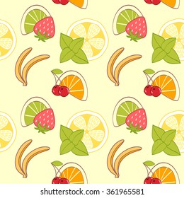 seamless pattern from cartoon hand drawn fruit banana orange strawberry cherry lemon mint