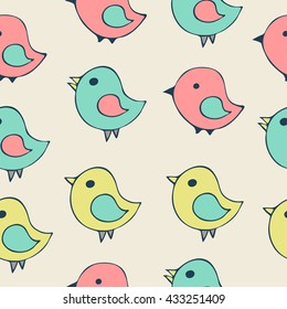 Seamless pattern of cartoon hand drawn birds 