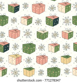 Seamless pattern with cartoon hand drawn Christmas gifts, boxes and snowflakes, xmas background. Vector illustration.